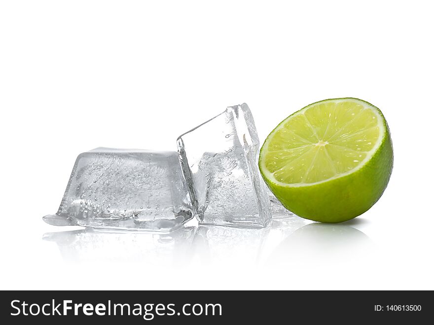 Fresh lime and ice cubes on white