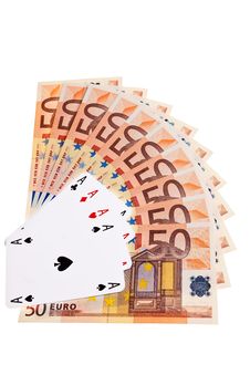 Four Aces And 50 Euro Banknotes. Royalty Free Stock Photography Four Aces And 50 Euro Banknotes. Royalty Free Stock Photography