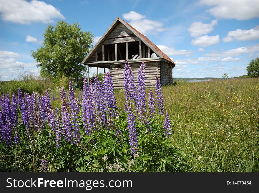 Destroyed Wooden House In The Field