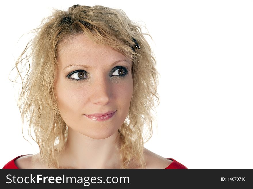 Blond girl looking away on a white background. Blond girl looking away on a white background