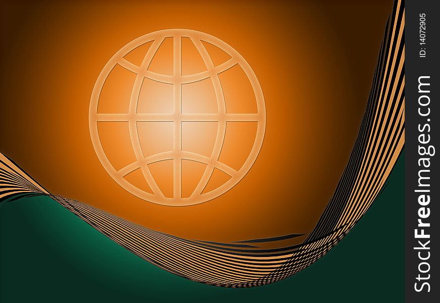 Abstract world symbol on an orange and green glowing background with waves. Abstract world symbol on an orange and green glowing background with waves