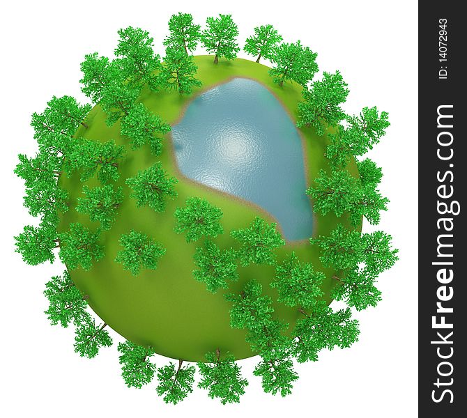 High quality render of a little round planet with oversized trees and lake