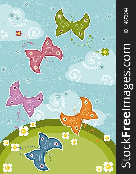 Invitation card with butterflies, flowers and clouds. Invitation card with butterflies, flowers and clouds