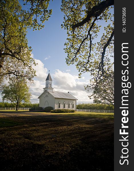 Old clapboard white rural church in Willamette Valley, Oregon, Oak Grove. Old clapboard white rural church in Willamette Valley, Oregon, Oak Grove