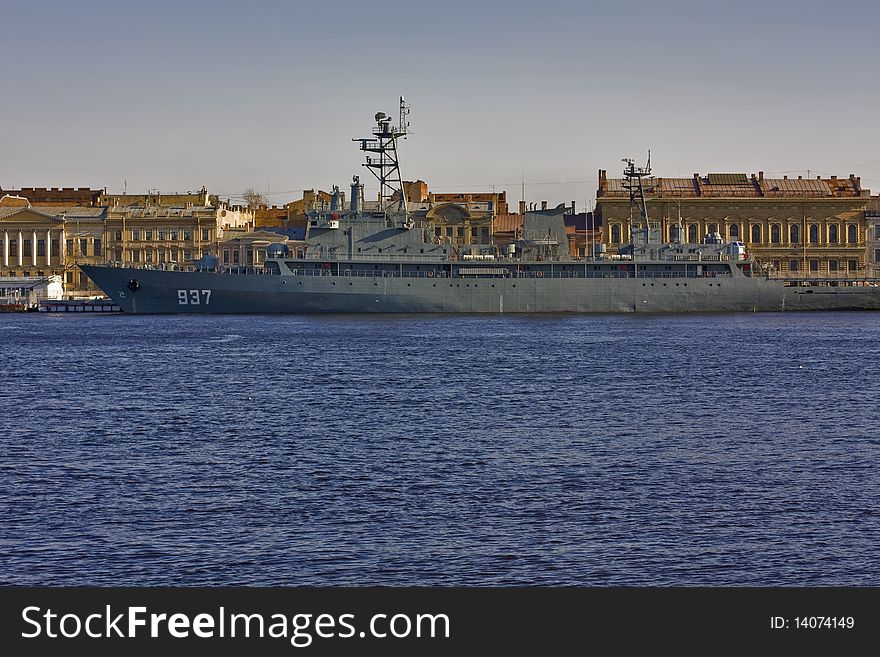 Anchored military ship in St-Petersburg