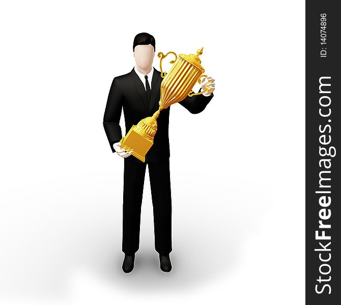 3d bussinesman with a gold trophy in hands