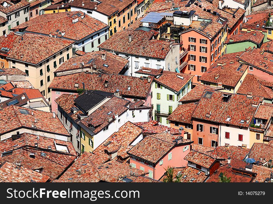 Colourful tiled roofs from above near Lake Garda, Italy, South Europe. Colourful tiled roofs from above near Lake Garda, Italy, South Europe