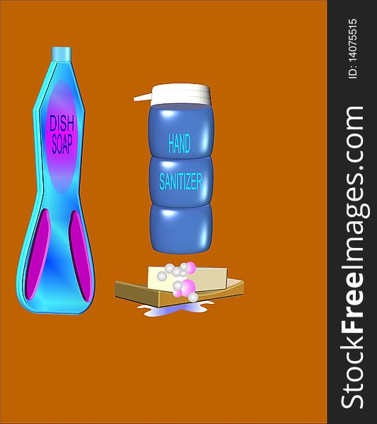 3d illustrations of tools for keeping your hands clean in 3d. 3d illustrations of tools for keeping your hands clean in 3d