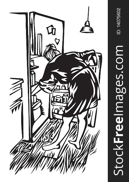 Illustration of woman in robe raiding the refrigerator. Illustration of woman in robe raiding the refrigerator