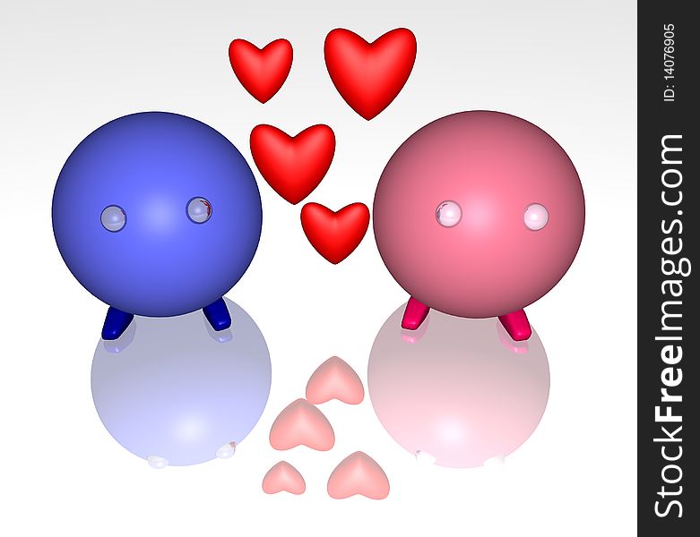3d illustration of a boy and a girl in love with floating hearts. 3d illustration of a boy and a girl in love with floating hearts