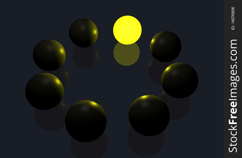 A 3d illustration of a team of spheres in a circle. One Sphere glows and illuminates the others. A 3d illustration of a team of spheres in a circle. One Sphere glows and illuminates the others.
