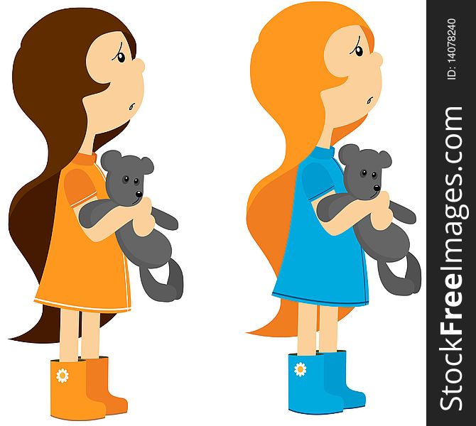 Two little girls with toy bears. Vector illustration