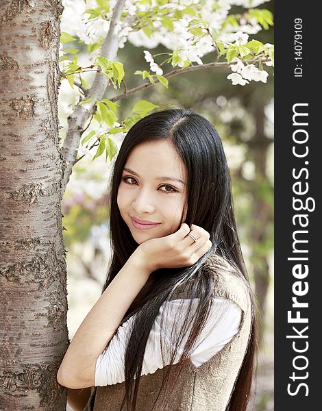 Beautiful Asian girl smiling under cherry tree. Beautiful Asian girl smiling under cherry tree.