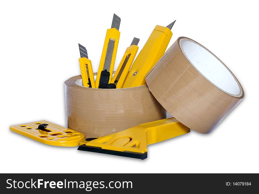 Cutting Tools set with rolls tape isolated on white