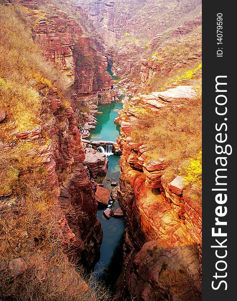 Bird view of red stone canyon which is a famous tourist attrction in Henan province china