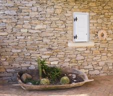 Flowerbed With A Cactus In A Tub Near The Wall Royalty Free Stock Image Flowerbed With A Cactus In A Tub Near The Wall Royalty Free Stock Image
