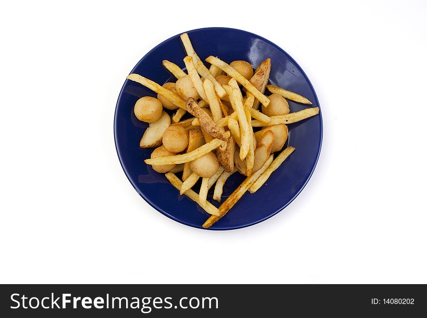 Plate with different types of French fries on a white background. Plate with different types of French fries on a white background