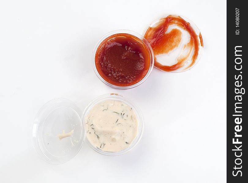 Ketchup and mayonnaise sauce on a white background. Ketchup and mayonnaise sauce on a white background
