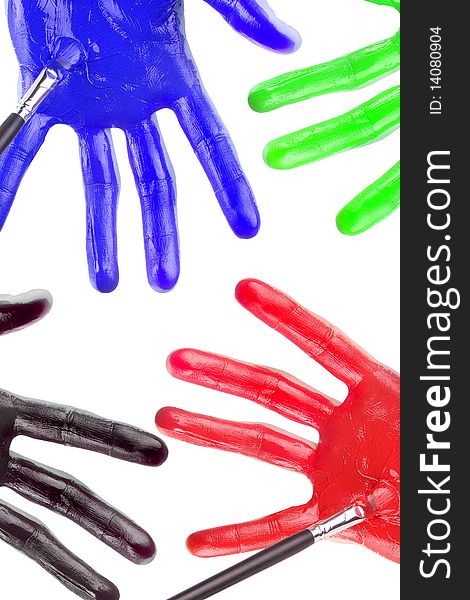 Painted palms on a white background, red green blue and black