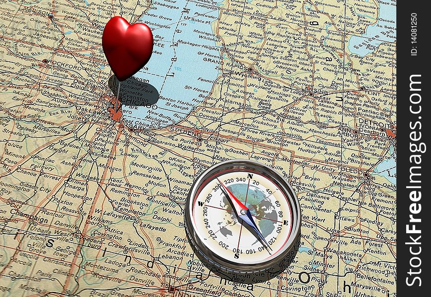 On a map, a compass doesn't indicate the magnetic north, but a  heart-shaped pin nailed on a city. On a map, a compass doesn't indicate the magnetic north, but a  heart-shaped pin nailed on a city.