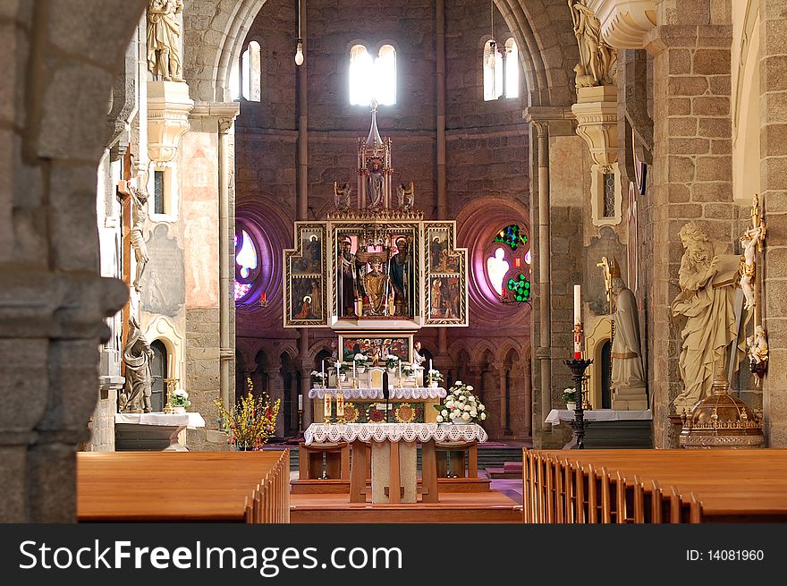Gothic cathedral interior with altar in Trebic, Czech Republic. Gothic cathedral interior with altar in Trebic, Czech Republic