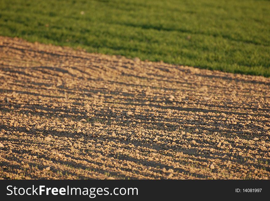 Empty newly ploughed agricultural field in spring