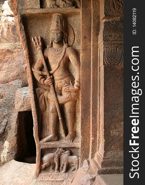 Sculpture of doorman at entrance of Cave I at Badami, Karnataka, India, Asia. Sculpture of doorman at entrance of Cave I at Badami, Karnataka, India, Asia