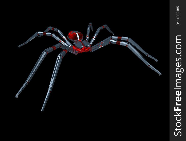 3D metal spider with a glass panel on black. 3D metal spider with a glass panel on black.