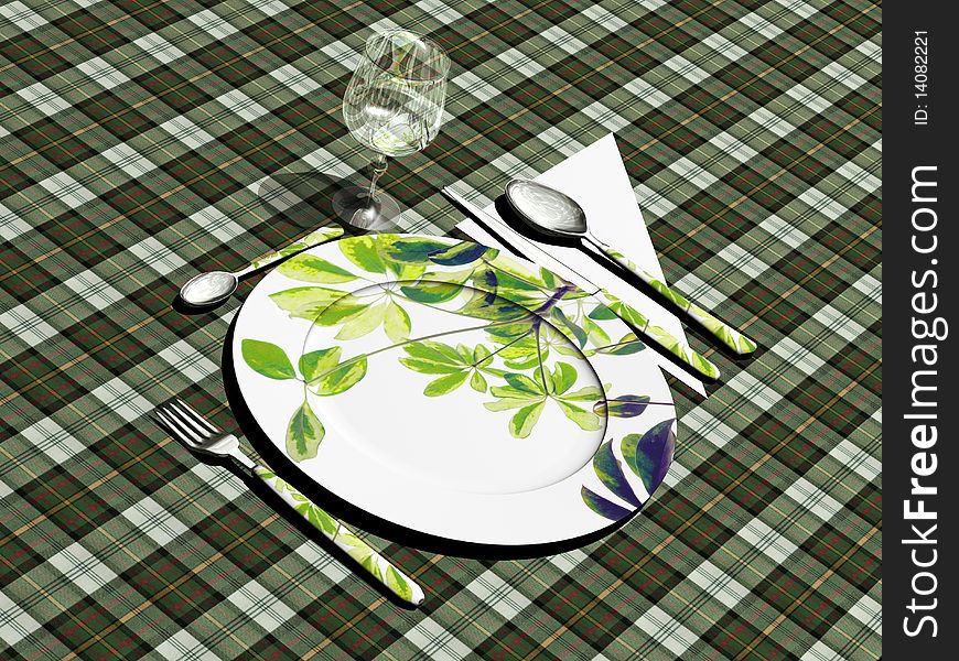 A glass,  flatware and a plat decorated with green leaves, on a green tissue. A glass,  flatware and a plat decorated with green leaves, on a green tissue.