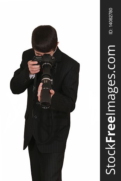 Secret Agent Spy with camera, isolated on white. Secret Agent Spy with camera, isolated on white