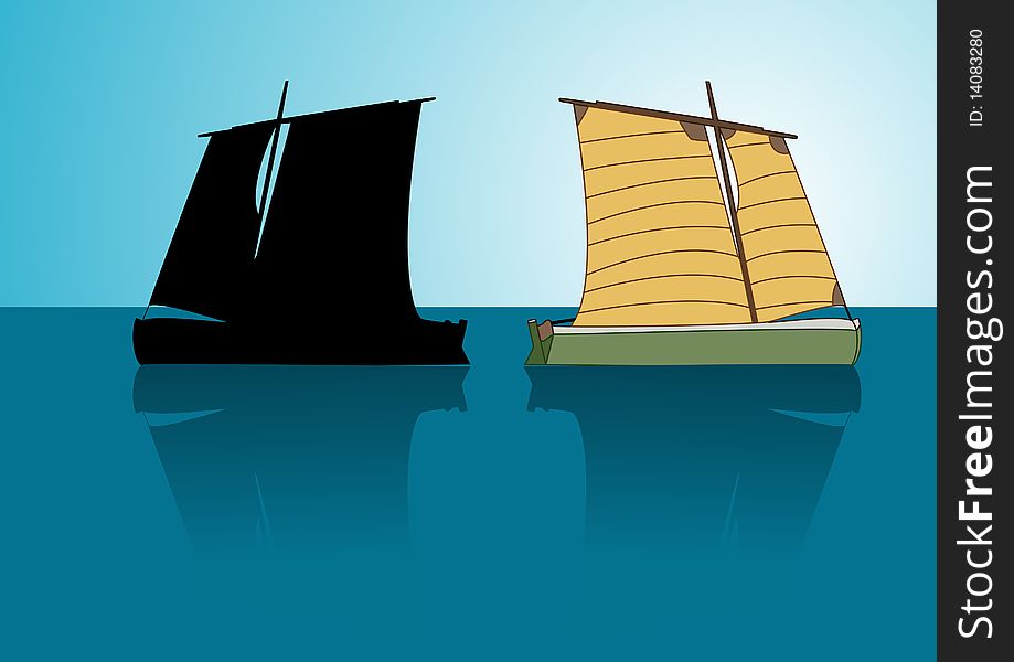 Stylized asian boat and its silhouette