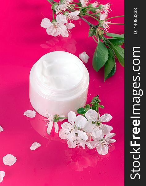 Moisturizing face cream with cherry blossoms on a pink reflective background. Moisturizing face cream with cherry blossoms on a pink reflective background.