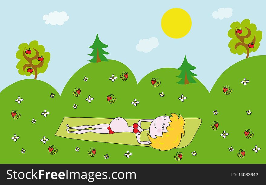 Tans pregnant in the meadow with berries and flowers. Tans pregnant in the meadow with berries and flowers