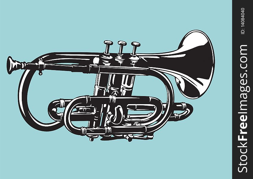 Illustration of cornet horn in black and white