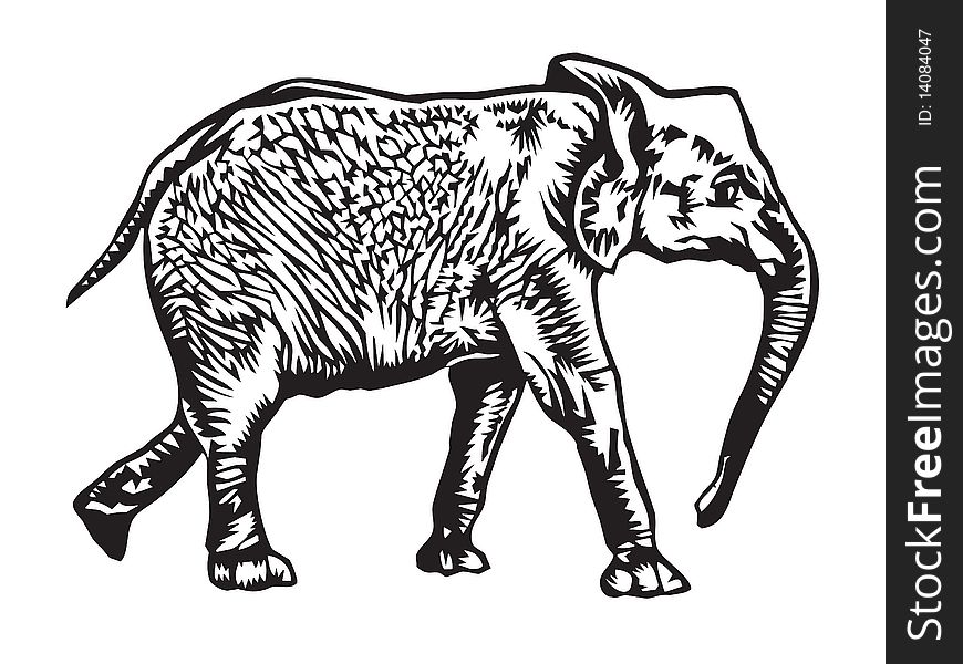 Vector illustration of a walking elephant in black and white