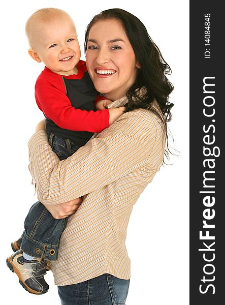 Happy mother with little son on white background