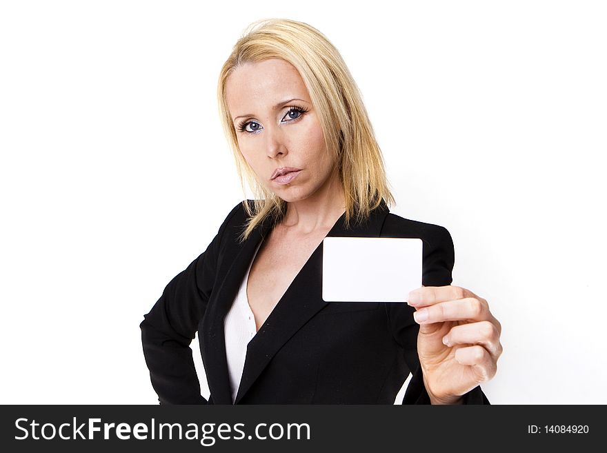Successful lady showing her business card. isolated on white