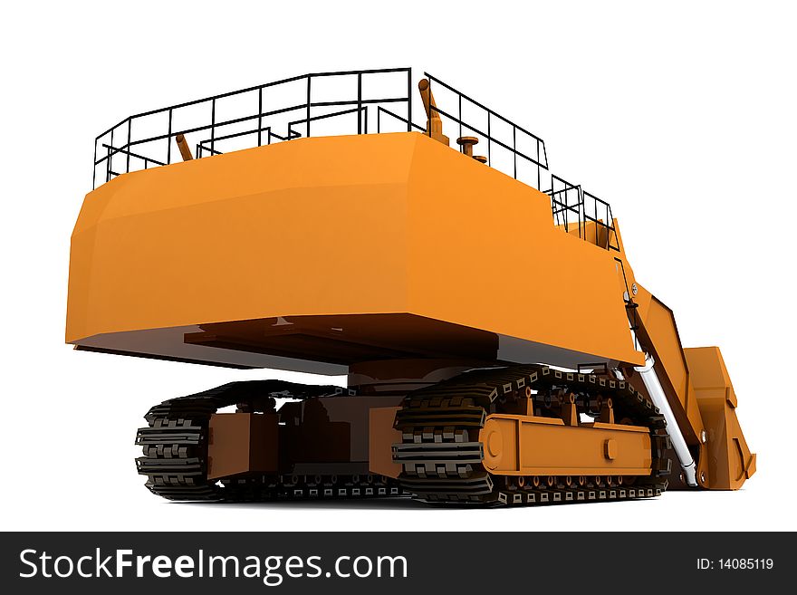 Orange industrial digger isolated on white. Back view