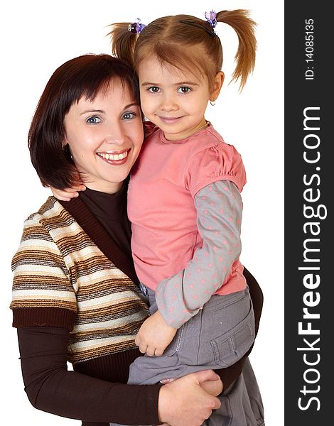 Happy mother with little daughter on white background