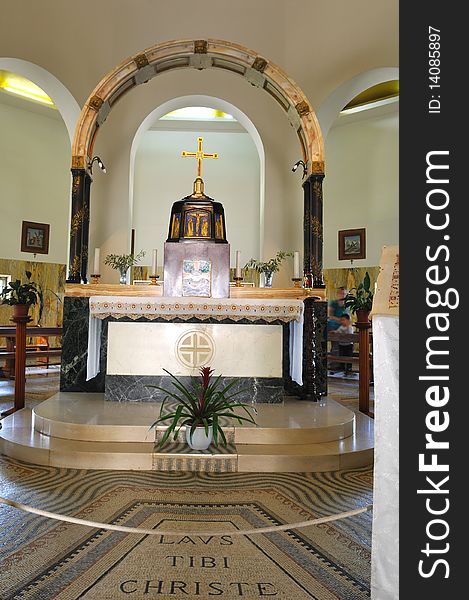 The interior of the Catholic church in which the legend read the Sermon on Jesus Christ. The interior of the Catholic church in which the legend read the Sermon on Jesus Christ