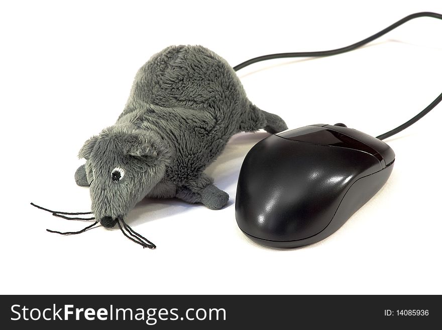 Computer Mouse and a toy next to each other on a white background