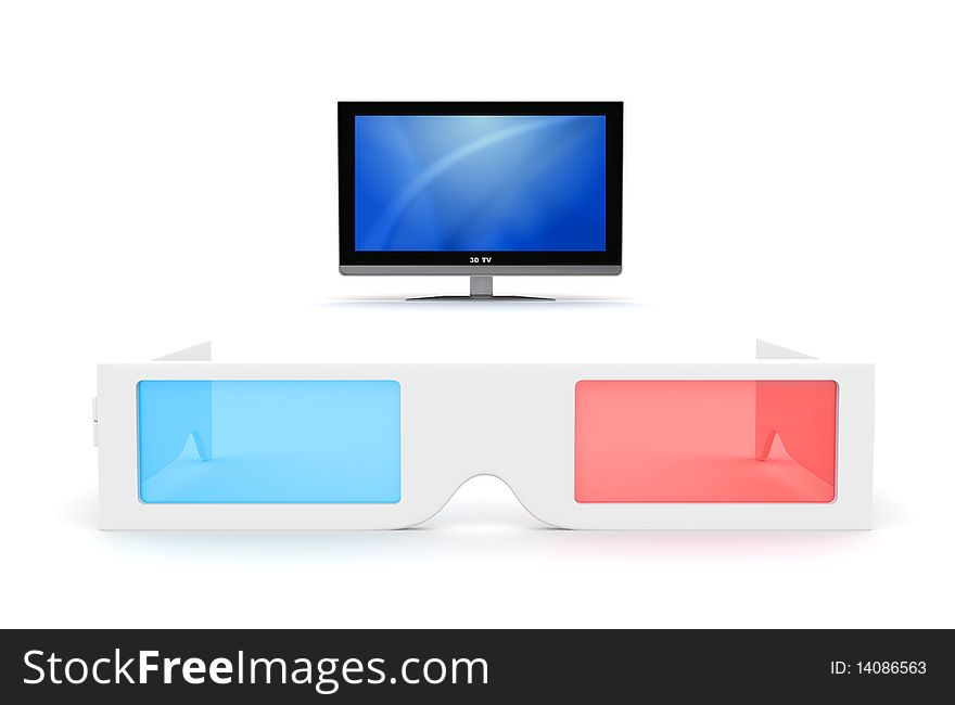 3-D Glasses and 3-D lcd monitor isolated on white. 3-D Glasses and 3-D lcd monitor isolated on white