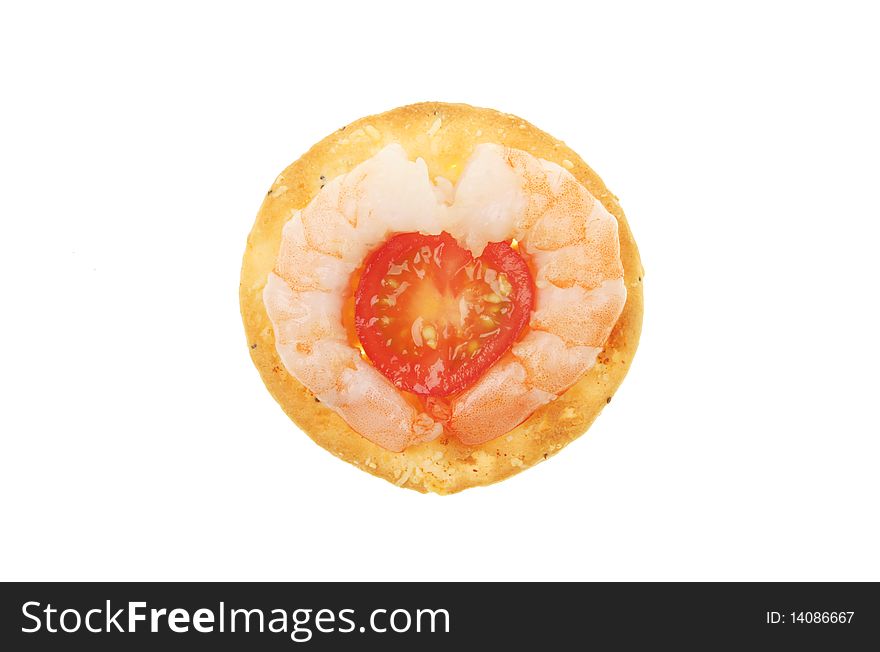 Prawn and tomato canape isolated on white. Prawn and tomato canape isolated on white