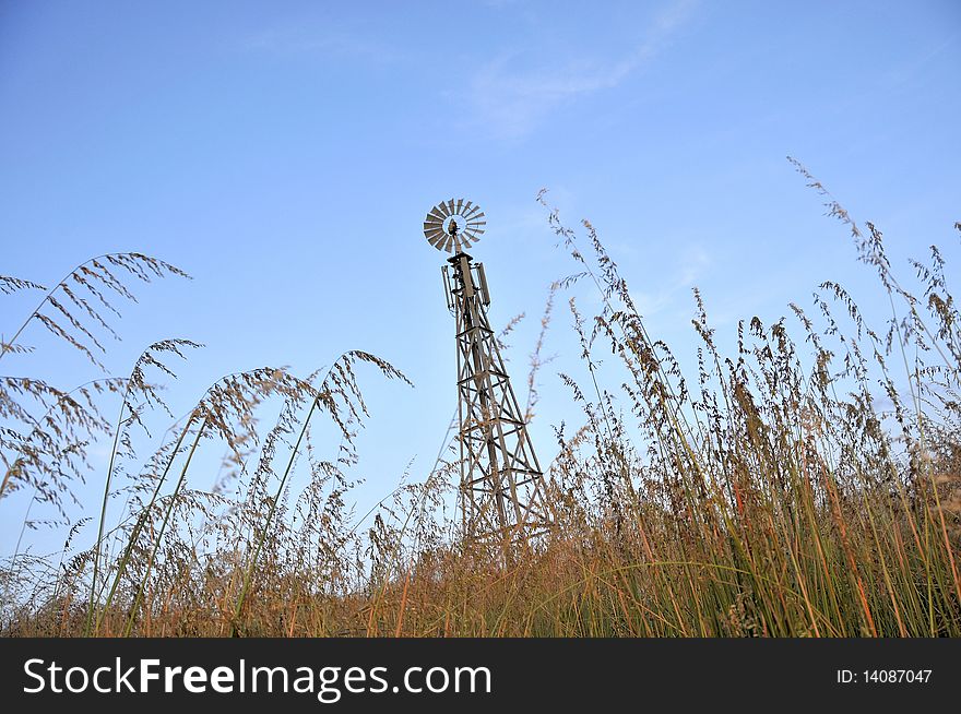 Windmill Cellular Wireless Telecommunication Tower with Antennas in Overgrown Vegetation Field. Windmill Cellular Wireless Telecommunication Tower with Antennas in Overgrown Vegetation Field