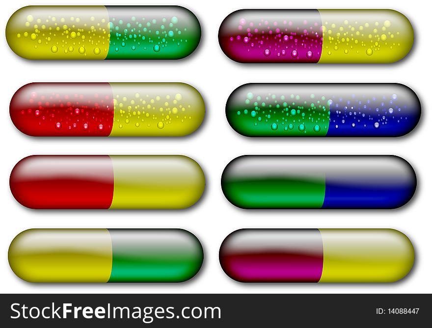 Color full gel capsules, some with visible bubbles inside, some without. Color full gel capsules, some with visible bubbles inside, some without.