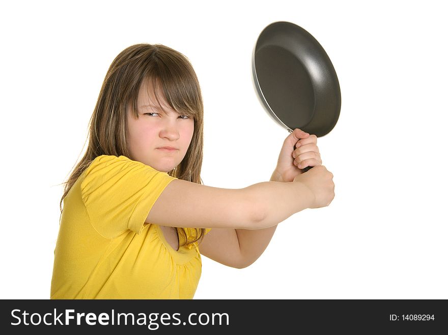 Offended girl has threatened frying pan isolated in white