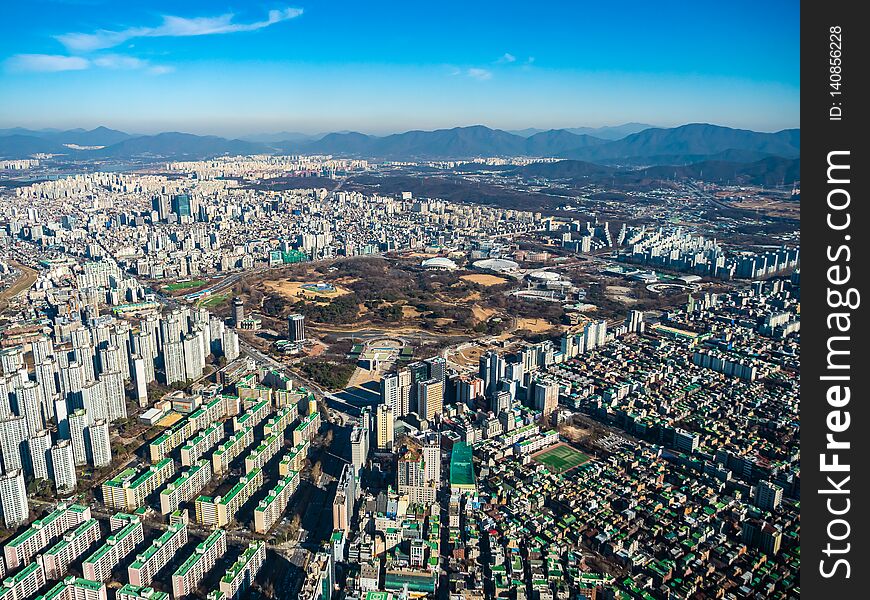 Beautiful aerial view of architecture building in Seoul City. Beautiful aerial view of architecture building in Seoul City