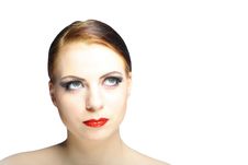 Young Beauty Female Face With Red Shiny Lips Stock Photography Young Beauty Female Face With Red Shiny Lips Stock Photography