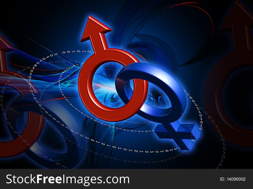 Digital illustration of male and female sign in color background