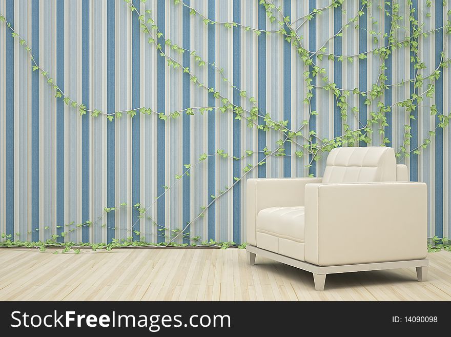 Light leather chair and a wall with ivy twined. Light leather chair and a wall with ivy twined